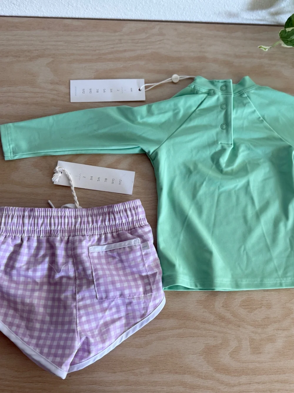 NWT Minnow Kids Set Palm Green Rashguard Lavender Gingham Shorts Sz 1